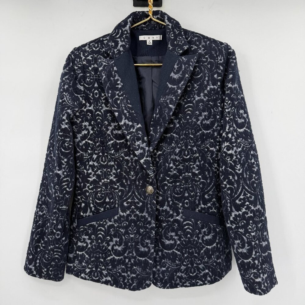 CAbi Women’s  Wool Blend Navy Damask Textured Blazer Jacket Size 2